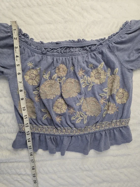 American Eagle Crop Top Blue Embroidered Floral Off Shoulder Short Sleeve M - Picture 12 of 12